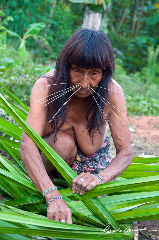 Canë mentre prepara una stuoia con le foglie di una palma