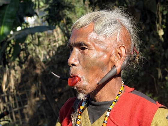 Anziano Naga (India) con zanne di cinghiale ai lobi