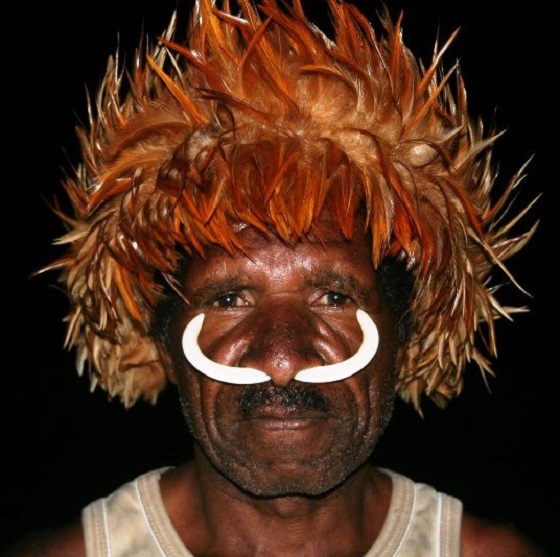 Aborigeno della Papua Nuova Guinea con zanne di maiale selvatico nel naso...